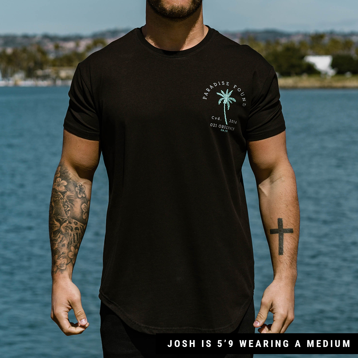 PARADISE PALM DROP-CUT T-SHIRT - BLACK