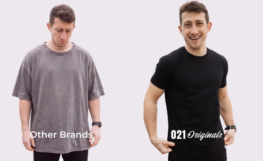 Drop-cut tee showing the athletic fit